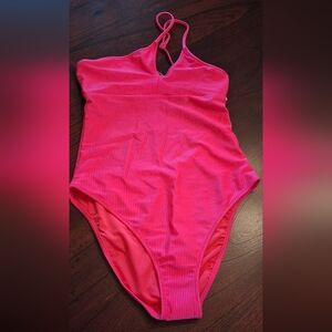 NWT Aerie Hot Pink Ribbed One Shoulder Full Coverage One Piece Swimsuit